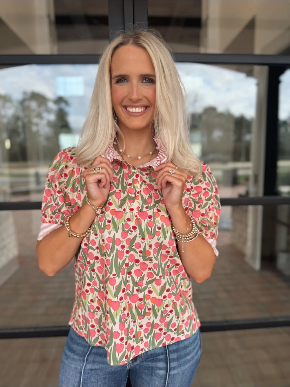 NWOT Jodifl ruffle mockneck Floral print tulips Button-Up Puff Sleeve Top Stripe - Picture 4 of 10